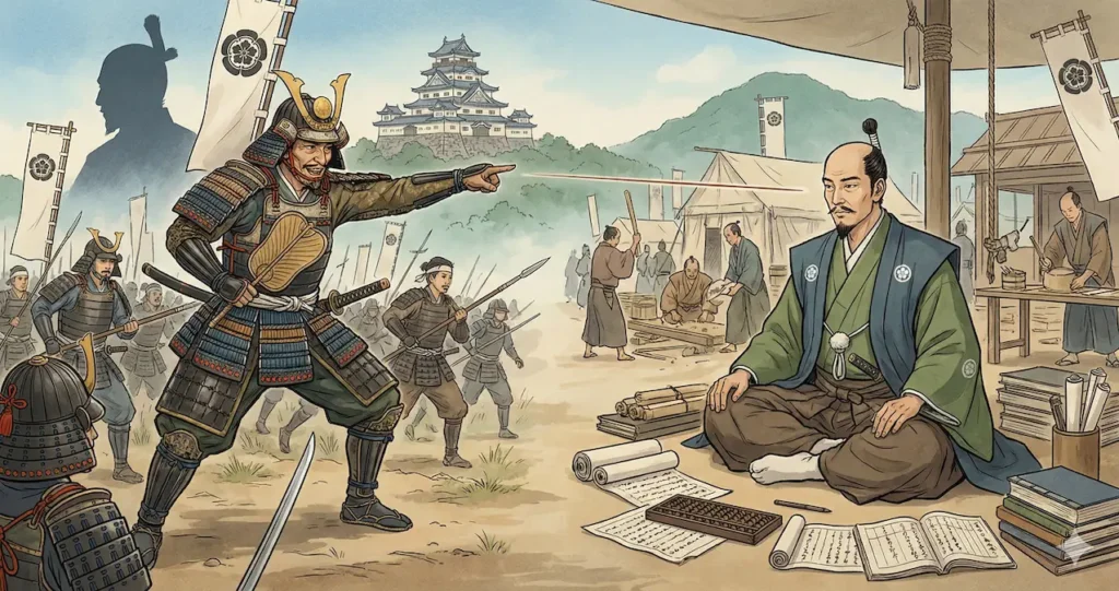 織田信長（背景のシルエット）の下、戦場で軍を指揮する豊臣秀吉（左）と、後方で兵站や内政の実務を行う豊臣秀長（右）の対照的な役割分担を描いた歴史イラスト。安土城と織田家の家紋が見える。