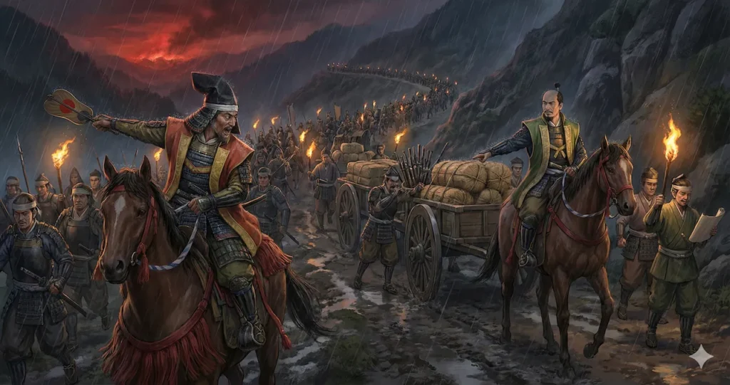 本能寺の変直後、雨夜の「中国大返し」で、焦る兄・豊臣秀吉の横で冷静に兵站（荷駄隊）を指揮し、奇跡の撤退を支える豊臣秀長の姿を描いた歴史イラスト。遠景の空は赤く染まっている。