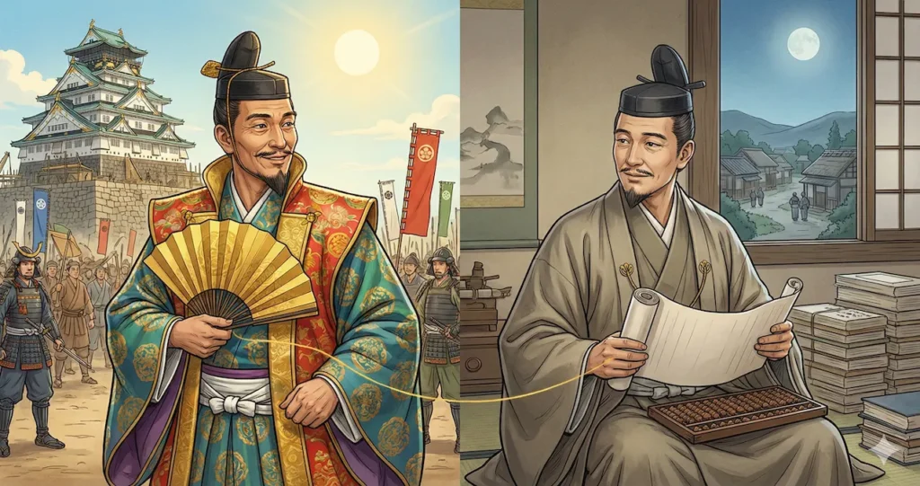 豊臣秀吉（左・表舞台）と弟の豊臣秀長（右・裏方の実務）が、それぞれの役割を象徴する背景の前で信頼し合った様子で並んでいる歴史イラスト。兄弟の強い絆と役割分担を表現している。