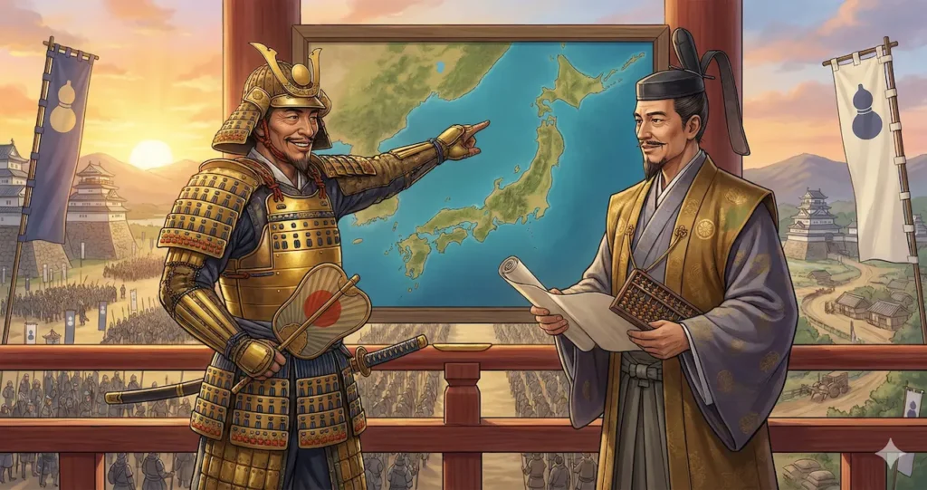 豊臣秀吉が日本地図を指し示し、弟の豊臣秀長が巻物と算盤を持ってそれを支える様子を描いた歴史イラスト。二人の連携と役割分担が天下統一の功績に繋がったことを象徴している。