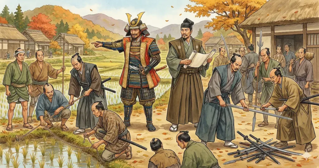 豊臣秀吉（甲冑姿）と弟の豊臣秀長（実務着姿）が、それぞれの指揮下で太閤検地（左側）と刀狩（右側）が行われている現場を視察している歴史イラスト。二人の連携による天下統一の盤石な基盤作りを象徴している。