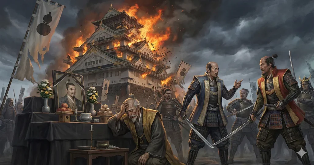 豊臣秀長の祭壇の前で嘆き悲しむ豊臣秀吉と、その背後で炎上する大坂城、そして対立を深める武将たちを描いた歴史イラスト。秀長の死が豊臣政権の崩壊を招いたことを象徴している。