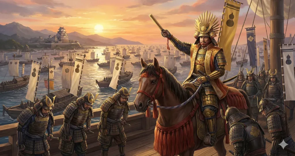 豊臣秀長が総大将として豪華な甲冑をまとい、大船団を率いて九州征伐に向かう様子を描いた壮大な歴史イラスト。夕暮れの海上で采配を振るい、周囲の武将たちが彼に敬意を表している。