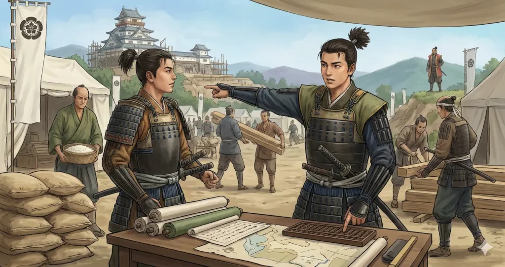 織田信長の軍営で、算盤や巻物を使って兵站や物資管理の実務を指揮する若き日の豊臣秀長の歴史イラスト。信長時代に磨かれた彼の優れた実務能力と、裏方としての貢献を表現している。