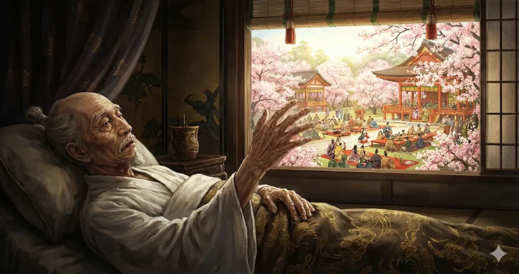 死の床で震える手を伸ばす老いた豊臣秀吉と、その視線の先に広がる絢爛豪華な醍醐の花見の幻影を描いた、栄華と儚さを対比させた歴史イラスト。