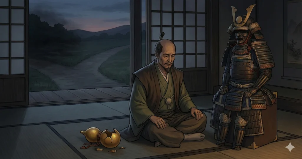 弟・豊臣秀長の死を悼み、主を失った鎧のそばで悲嘆に暮れる豊臣秀吉のイラスト。割れた瓢箪が歴史の分岐点と喪失を象徴している。