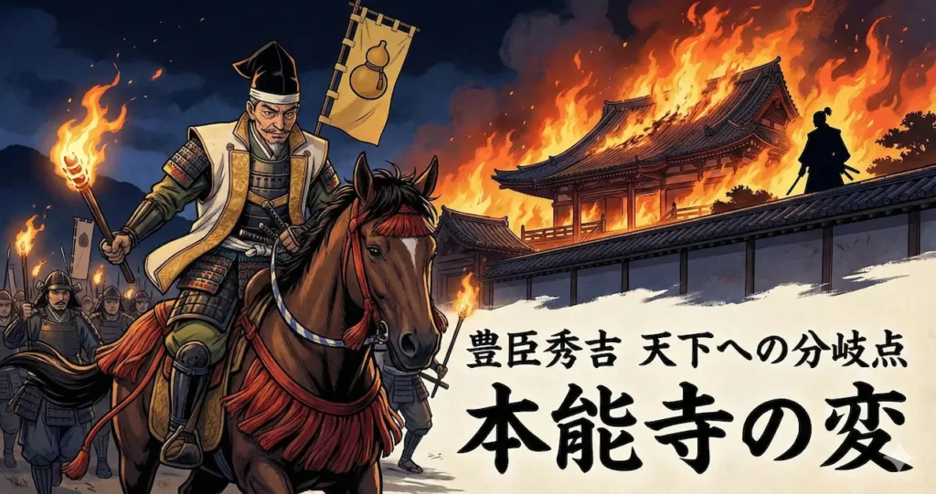 燃え盛る本能寺を背景に、天下取りへの決意を固める豊臣秀吉のイラスト