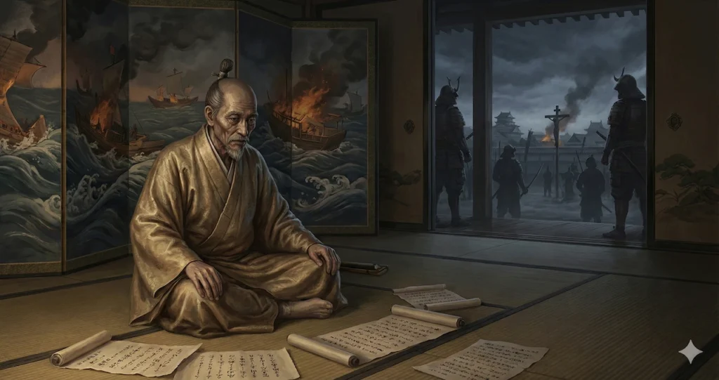 晩年の豊臣秀吉が苦悩の表情で座し、その背後には朝鮮出兵を描いた屏風と、外で行われるキリシタン弾圧の様子が描かれた、戦国時代のリアルな歴史イラスト。彼の暴走と時代の影を象徴している。