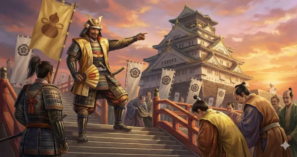 黄金の大坂城を背に、織田家の家臣たちを従え、天下人として君臨する豊臣秀吉のイラスト