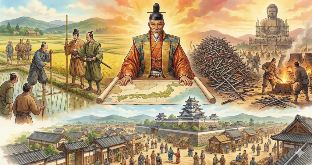 豊臣秀吉（太閤）が太閤検地や刀狩を指揮し、城下町を整備して日本を再構築する様子のイラスト