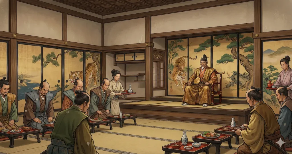 天下統一を成し遂げ栄華の絶頂を極めた豊臣秀吉が、堅固な戦国時代の城郭を背景に、威厳を持って佇む姿を描いた歴史イラスト